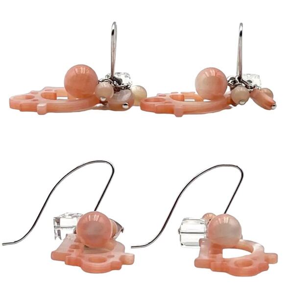 AUTH Christian Dior Rose Quartz Beaded Mother of Pearl Logo Hook Dangle Earrings - Picture 5 of 9